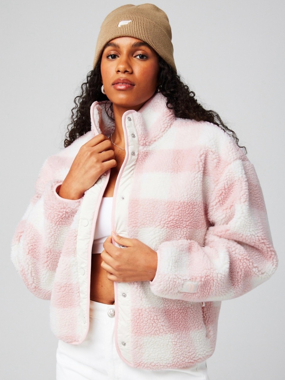 Fabletics Tahoe Teddy Jacket Women's Pink Gingham Plaid Sherpa Jacket Size Large - Picture 3 of 9